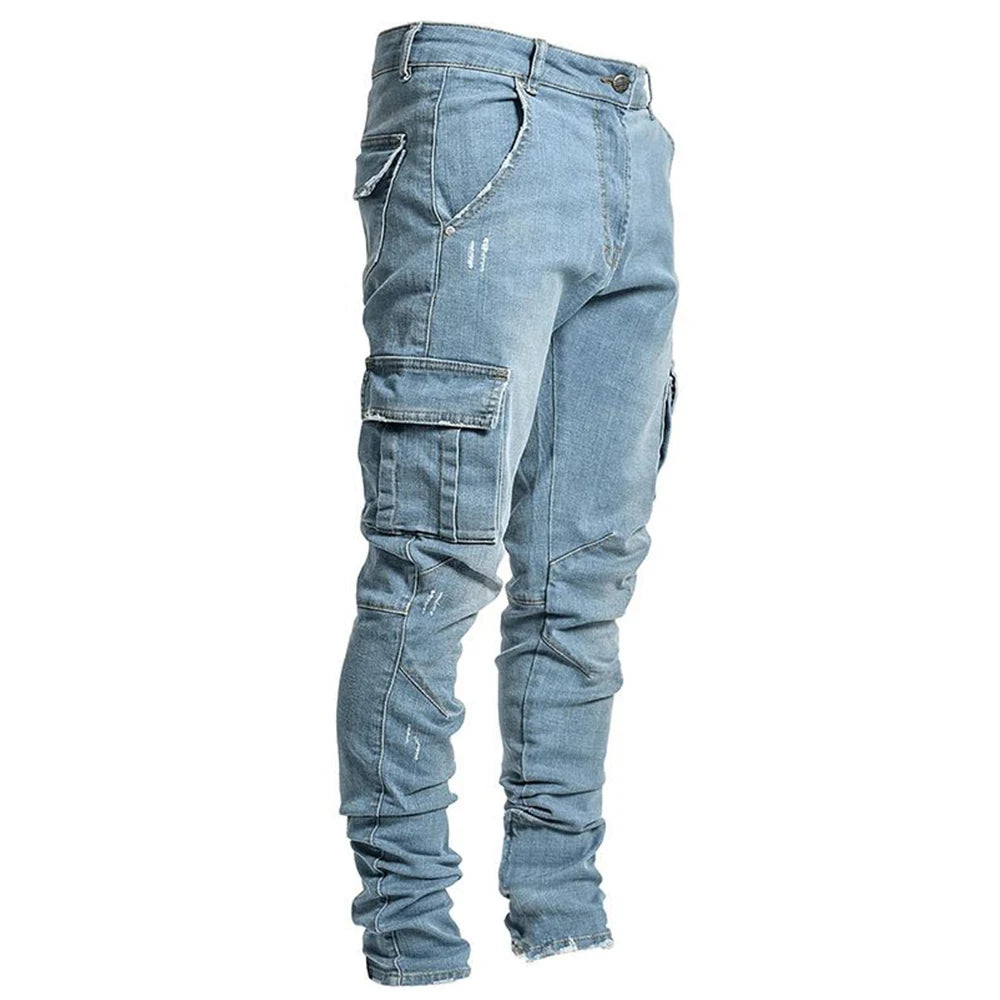 Ripped Skinny Jeans Denim Cargo Pants Slim Fit