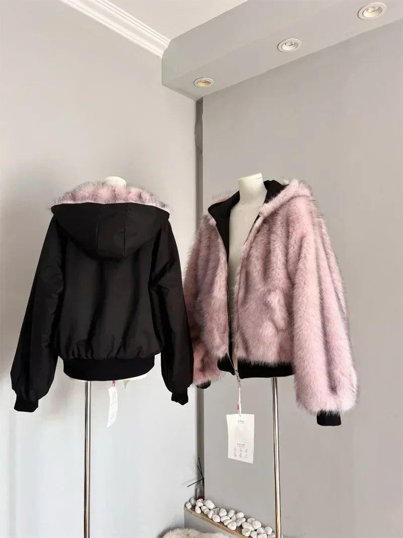 MiiiiX Sweet Pink Reversible Faux Fur Jacket Plush Hooded Sweatshirt Loose Thicken Hoodies Outerwear Top Women's Winter Fur Coat