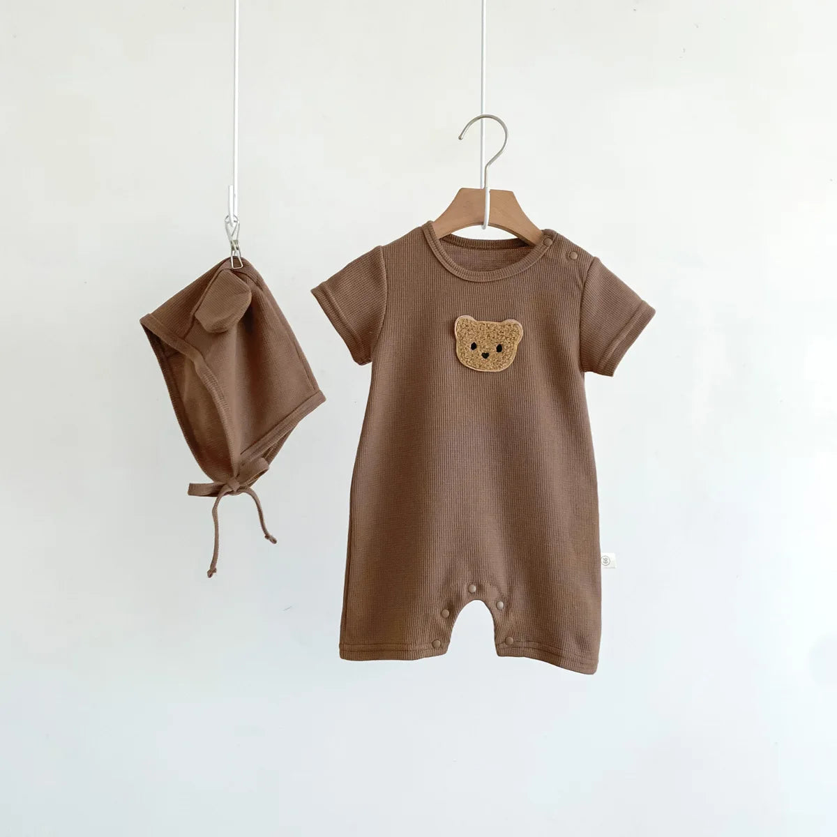 Short Sleeve Waffle Patch Bear Infant Newborn Jumpsuits Cotton Romper