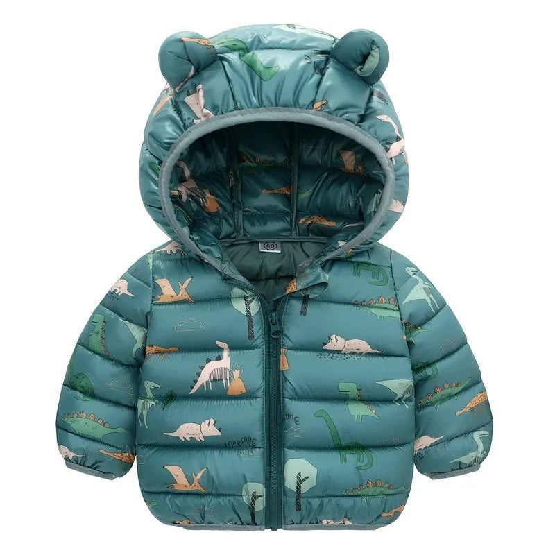 Hooded Lightweight Down Jackets Cartoon Dinosaur Print Casual Clothing