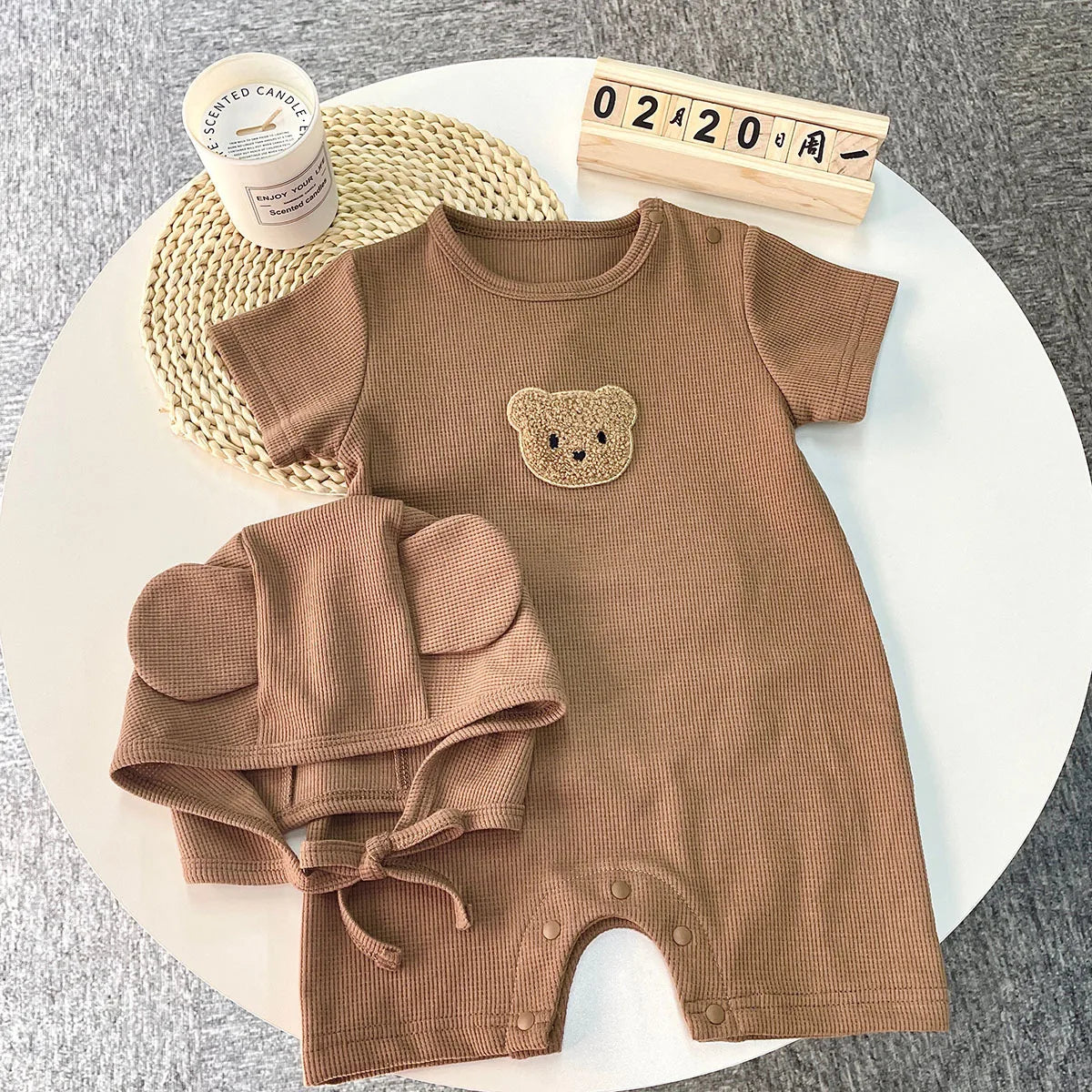 Short Sleeve Waffle Patch Bear Infant Newborn Jumpsuits Cotton Romper