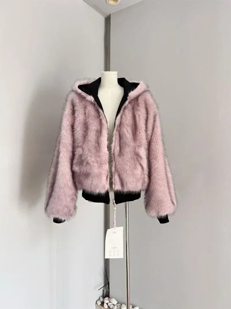 MiiiiX Sweet Pink Reversible Faux Fur Jacket Plush Hooded Sweatshirt Loose Thicken Hoodies Outerwear Top Women's Winter Fur Coat