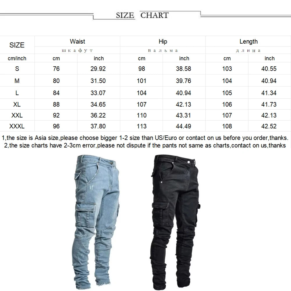 Ripped Skinny Jeans Denim Cargo Pants Slim Fit