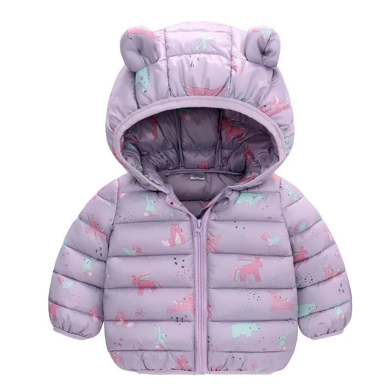 Hooded Lightweight Down Jackets Cartoon Dinosaur Print Casual Clothing