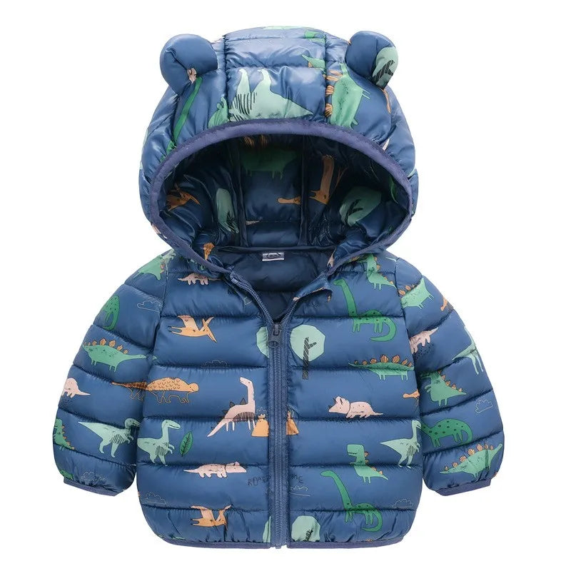 Hooded Lightweight Down Jackets Cartoon Dinosaur Print Casual Clothing