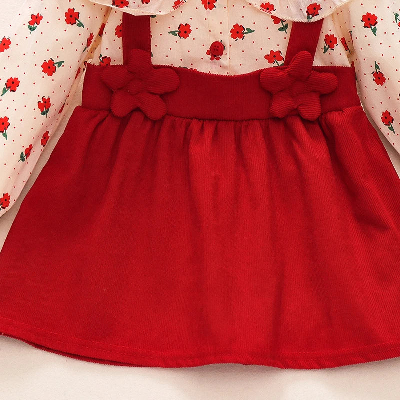 Two-Piece Long Sleeved Floral Dress, Bow Shirt Children's Skirt