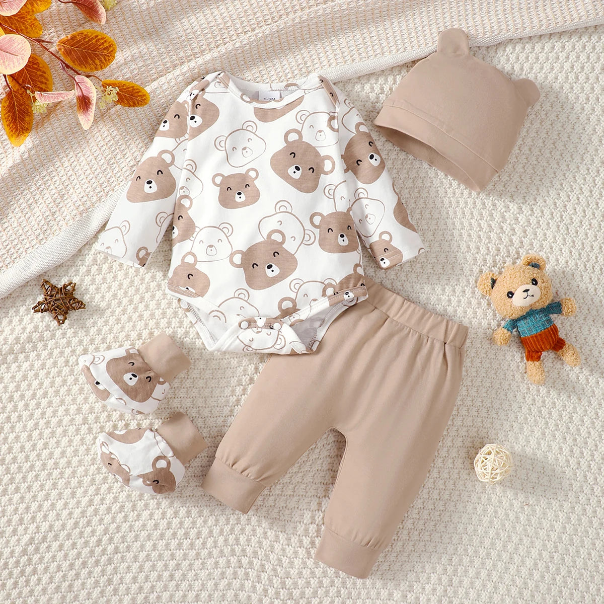 4PCS Clothing Set 0-9 Months Newborn Bear Short Sleeve Romper+Pants+Hat+Sock