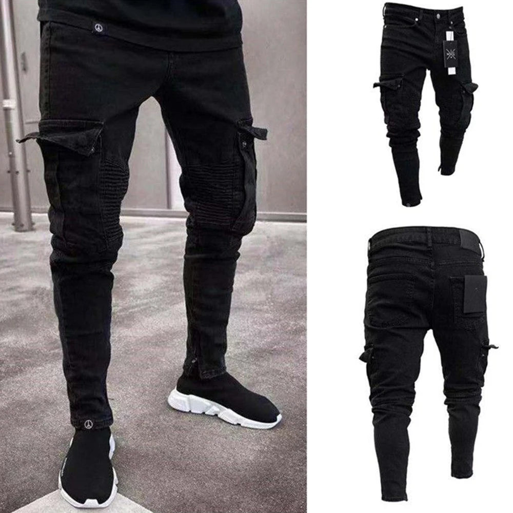 Ripped Skinny Jeans Denim Cargo Pants Slim Fit