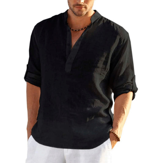 Casual shirt, loose cotton men's shirts stand-up collar solid color long-sleeved T-shirts