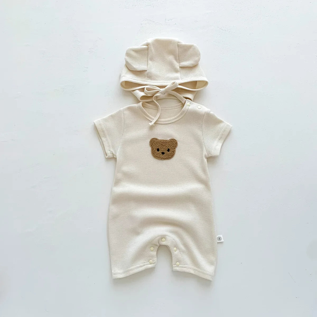 Short Sleeve Waffle Patch Bear Infant Newborn Jumpsuits Cotton Romper