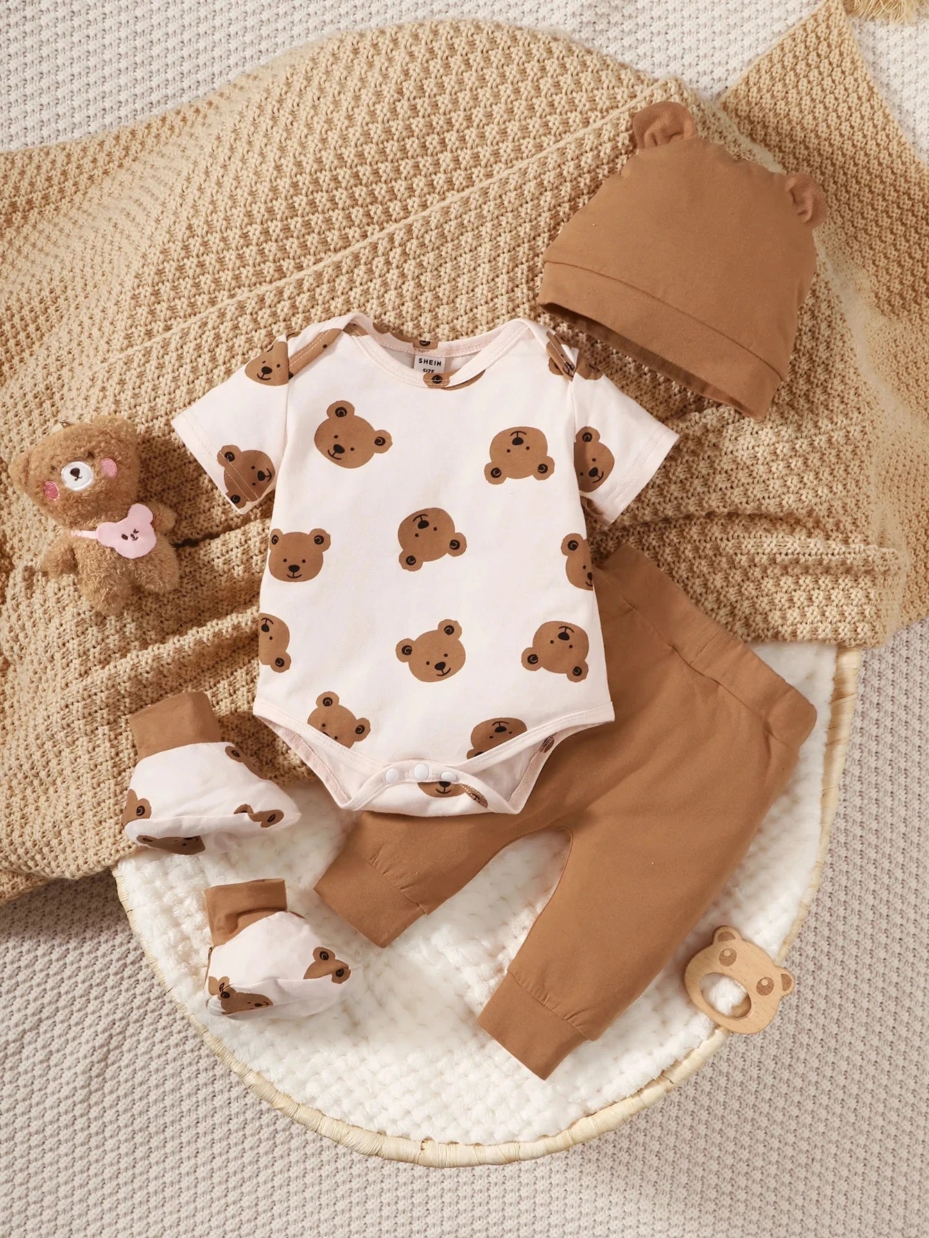 4PCS Clothing Set 0-9 Months Newborn Bear Short Sleeve Romper+Pants+Hat+Sock