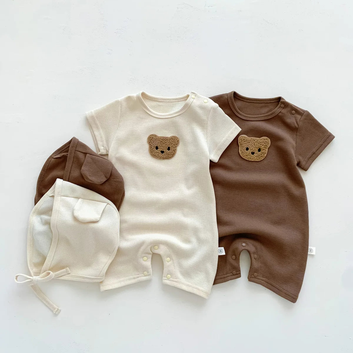 Short Sleeve Waffle Patch Bear Infant Newborn Jumpsuits Cotton Romper