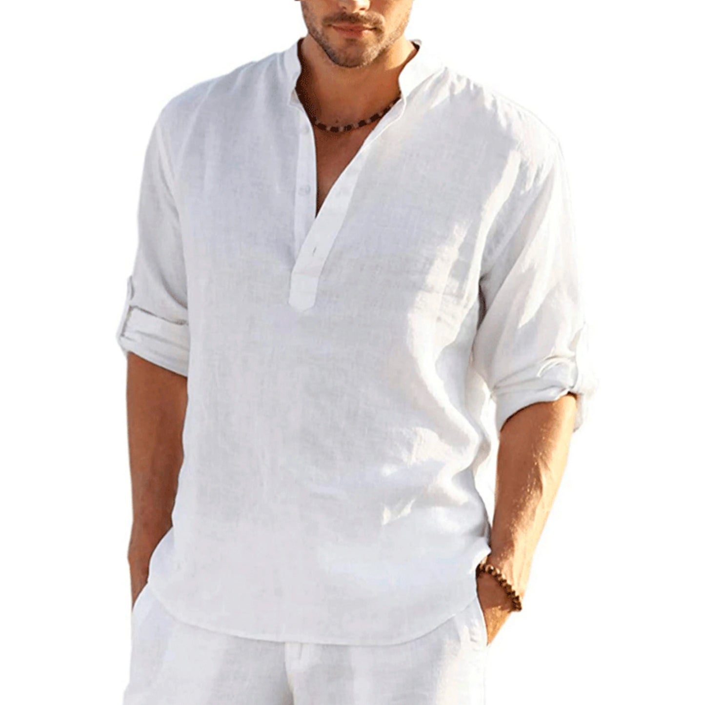 Casual shirt, loose cotton men's shirts stand-up collar solid color long-sleeved T-shirts