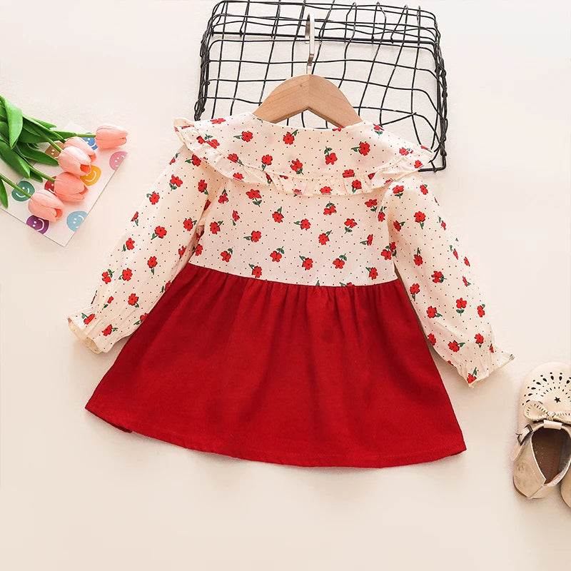 Two-Piece Long Sleeved Floral Dress, Bow Shirt Children's Skirt