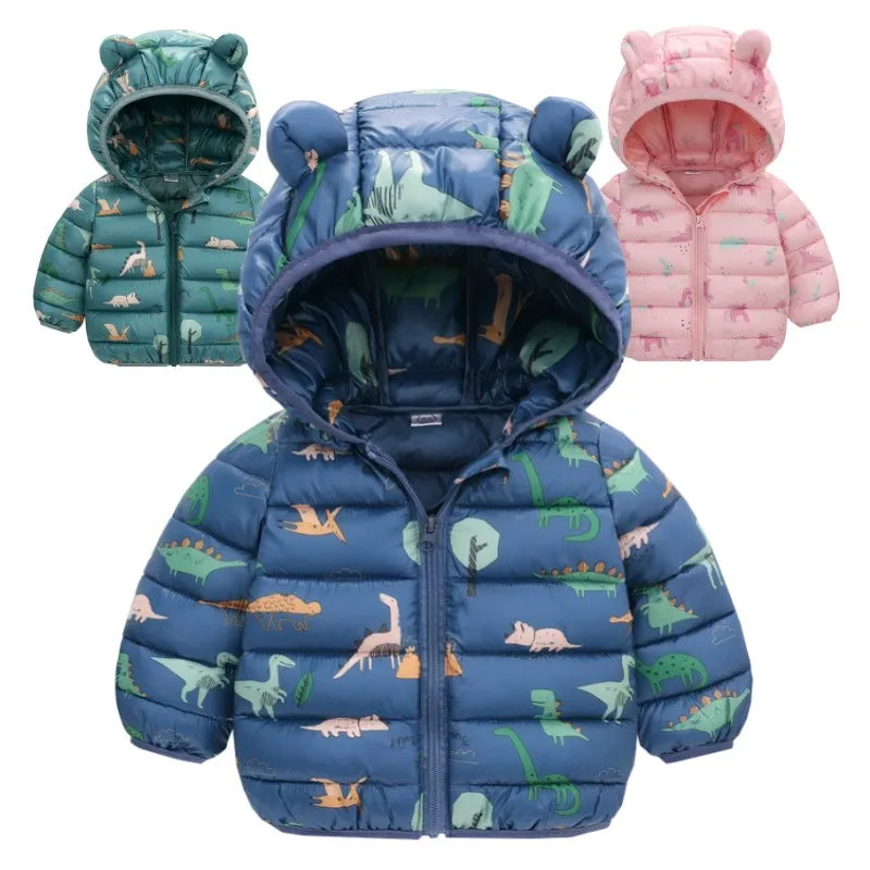 Hooded Lightweight Down Jackets Cartoon Dinosaur Print Casual Clothing