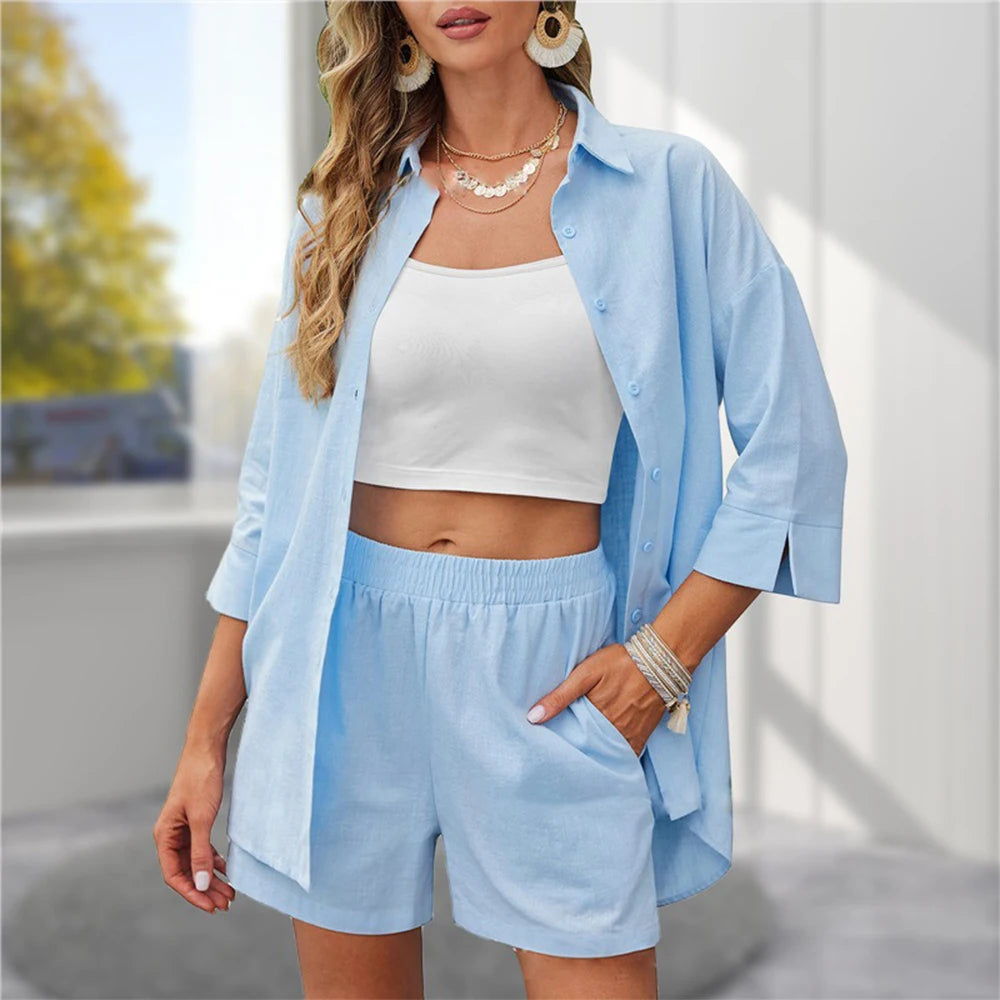 New Fashion Loose Casual Shirt Shorts Women's Two Sets 2024 Summer  Outfit Korean Female Clothing Slim Shorts T-shirt Tee Tops