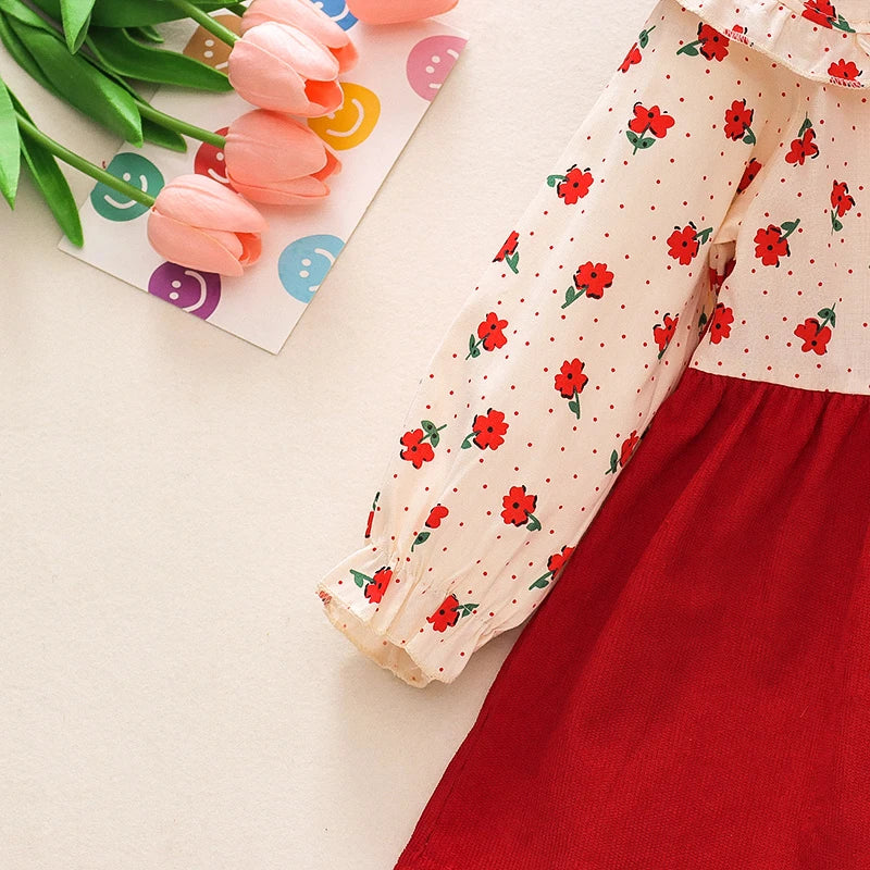 Two-Piece Long Sleeved Floral Dress, Bow Shirt Children's Skirt