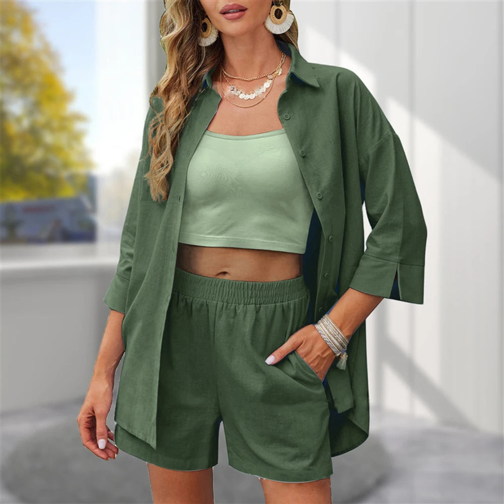 New Fashion Loose Casual Shirt Shorts Women's Two Sets 2024 Summer  Outfit Korean Female Clothing Slim Shorts T-shirt Tee Tops