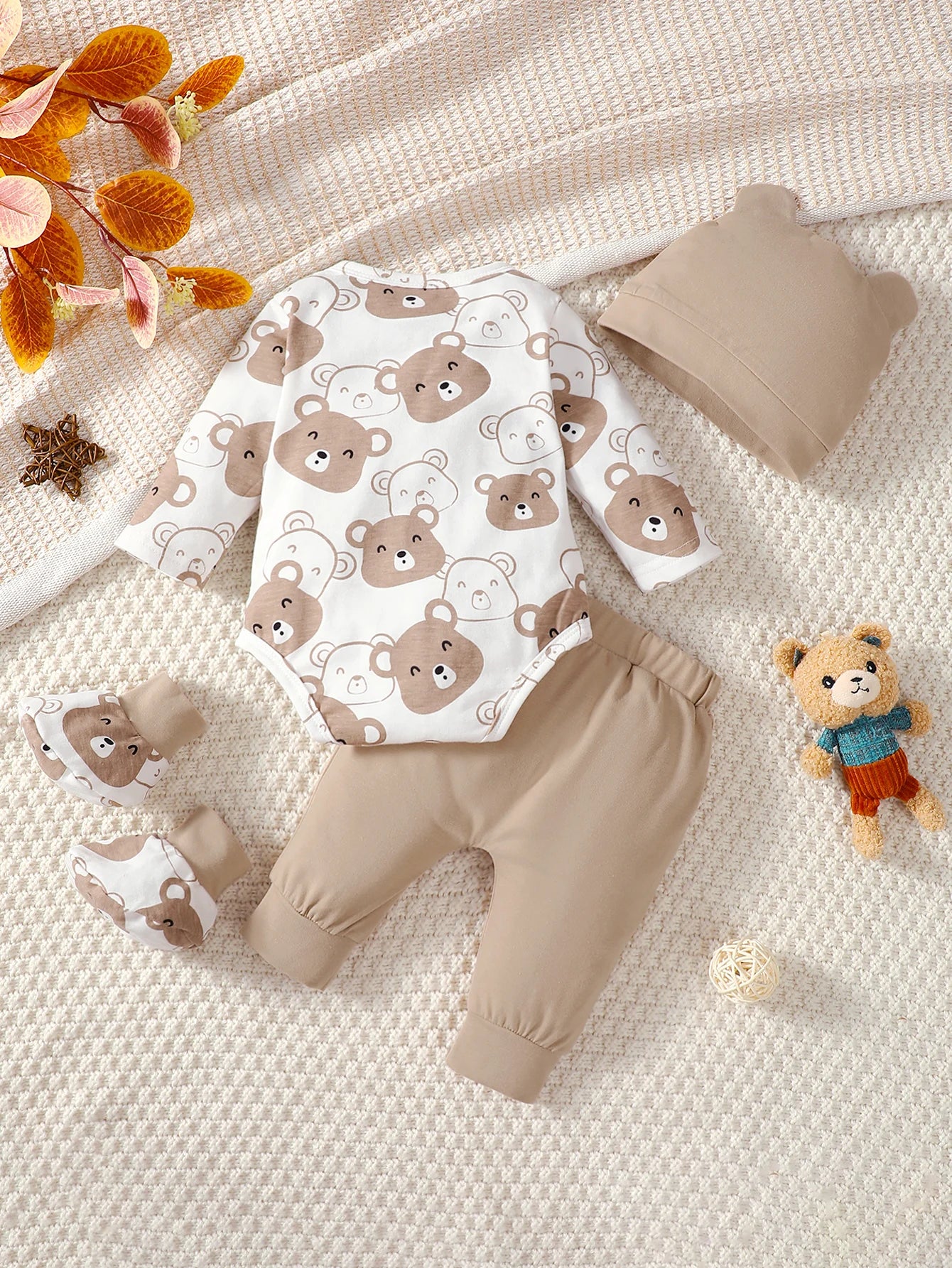 4PCS Clothing Set 0-9 Months Newborn Bear Short Sleeve Romper+Pants+Hat+Sock