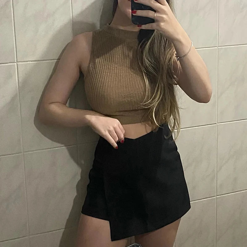 HXAO Black Shorts Women Solid Asymmetric High Waist Shorts Skirt Side Zipper Mini Shorts Summer Woman Shorts Ladies Skorts Mujer