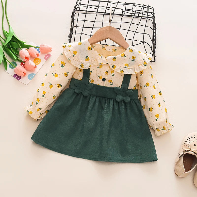 Two-Piece Long Sleeved Floral Dress, Bow Shirt Children's Skirt