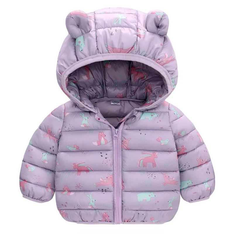 Hooded Lightweight Down Jackets Cartoon Dinosaur Print Casual Clothing