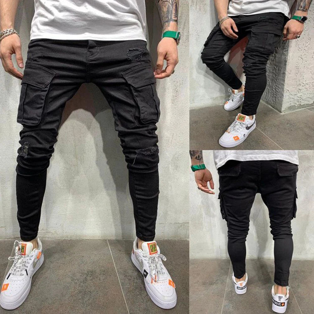 Ripped Skinny Jeans Denim Cargo Pants Slim Fit