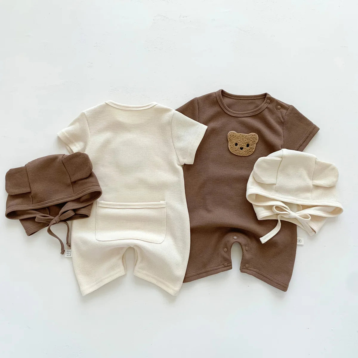 Short Sleeve Waffle Patch Bear Infant Newborn Jumpsuits Cotton Romper