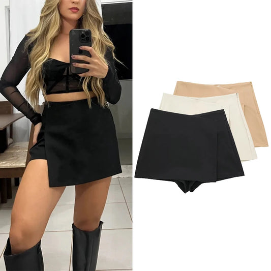 HXAO Black Shorts Women Solid Asymmetric High Waist Shorts Skirt Side Zipper Mini Shorts Summer Woman Shorts Ladies Skorts Mujer