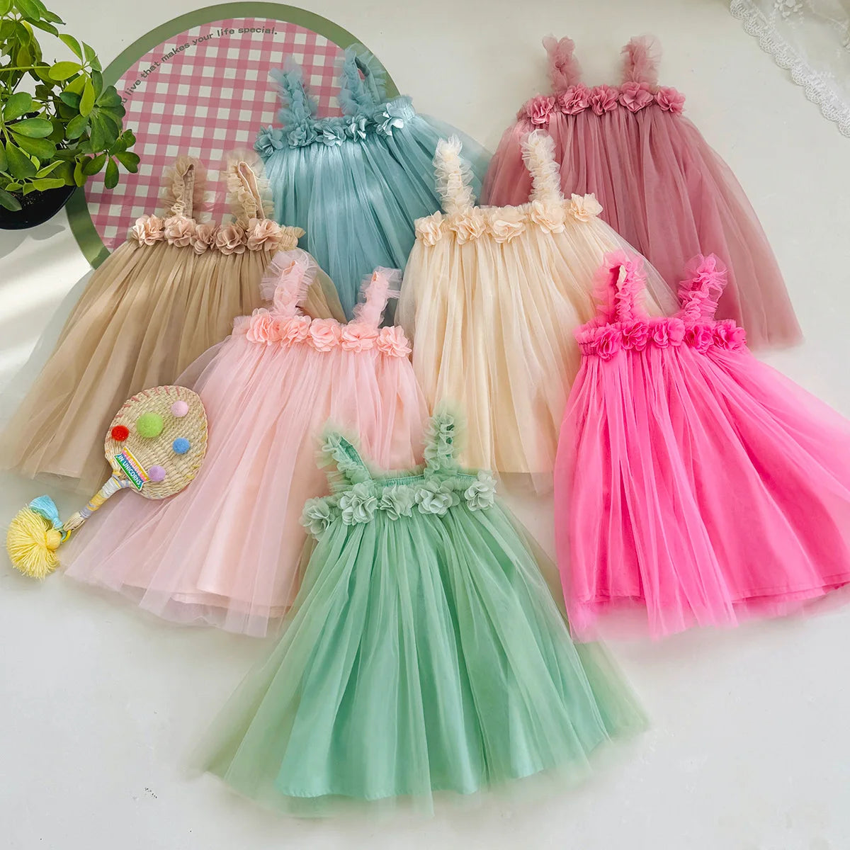 Three-Dimensional Flower Solid Colour Sling Baby Dresses