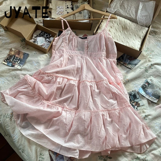 Sweet Pink Floral Embroidery Mini Dress Women New Cotton Buttons Ruffles Lace-up Short A-line Dresses Cute Chic Preppy Vestidos