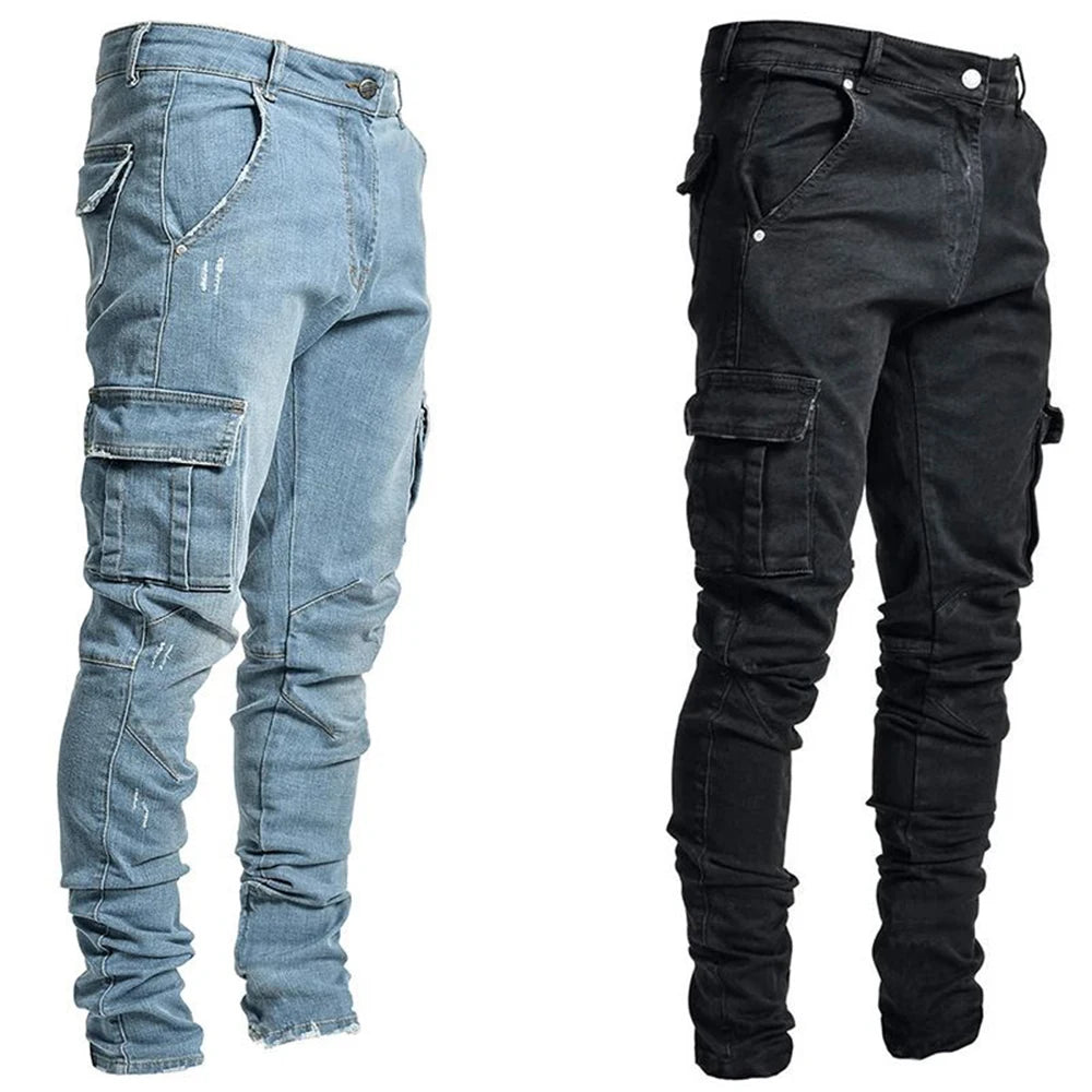 Ripped Skinny Jeans Denim Cargo Pants Slim Fit