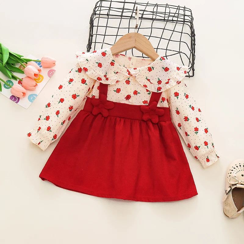 Two-Piece Long Sleeved Floral Dress, Bow Shirt Children's Skirt