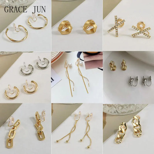 GRACE JUN 2023 New Fashion Mosquito Coil Clip on Earrings Women's Geometric Hoop Earrings Cuff Earrings Charm Ear Clip