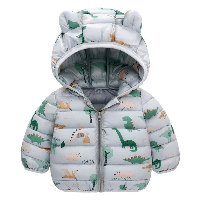 Hooded Lightweight Down Jackets Cartoon Dinosaur Print Casual Clothing