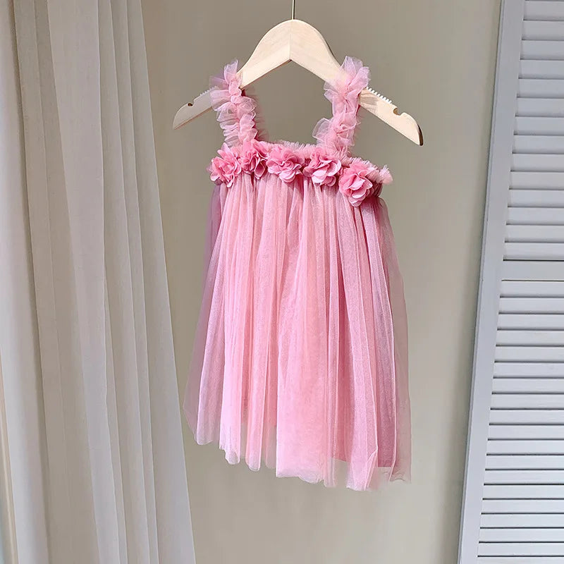 Three-Dimensional Flower Solid Colour Sling Baby Dresses