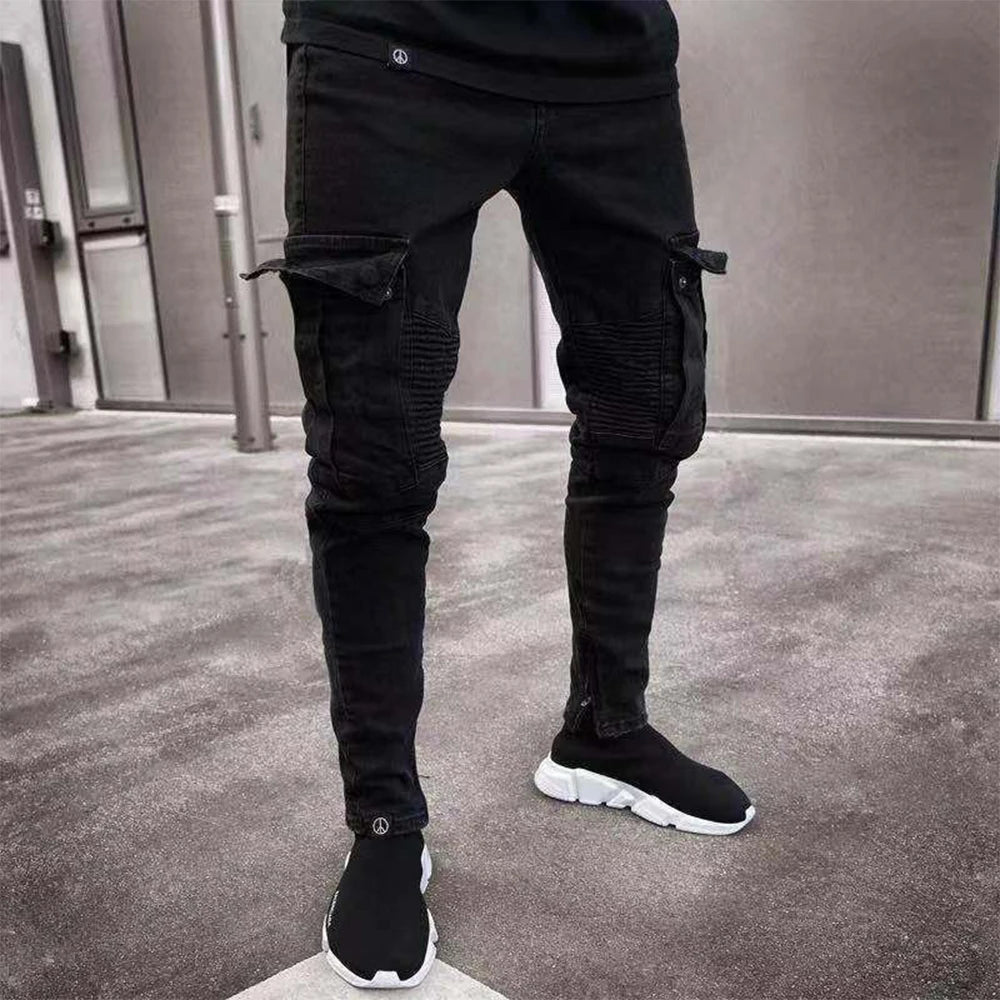 Ripped Skinny Jeans Denim Cargo Pants Slim Fit