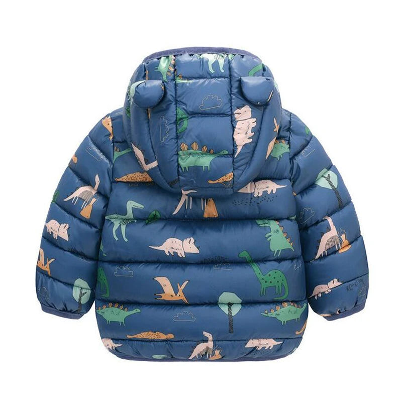 Hooded Lightweight Down Jackets Cartoon Dinosaur Print Casual Clothing