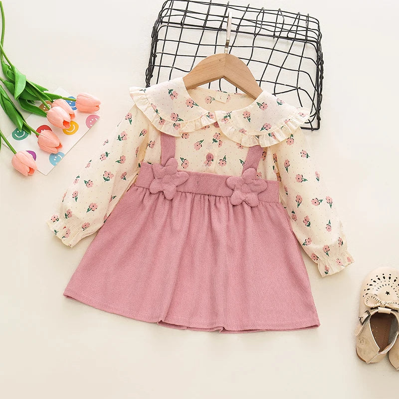 Two-Piece Long Sleeved Floral Dress, Bow Shirt Children's Skirt